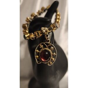 VTG Art Pepper  Gold Tone Horseshoe Charm Bracelet Faux Pearl Cabochon READ